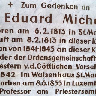 Placa comemorativa na igreja St. Mauritz, com a descrição de alguns acontecimentos da vida de EM: Em memória de Dr. Eduardo Michelis; nascido em 06.02.1813 em S. Maurício; batizado em 08.12.1813 nesta igreja; Capelão de 1841 – 1845 nesta igreja; Fu